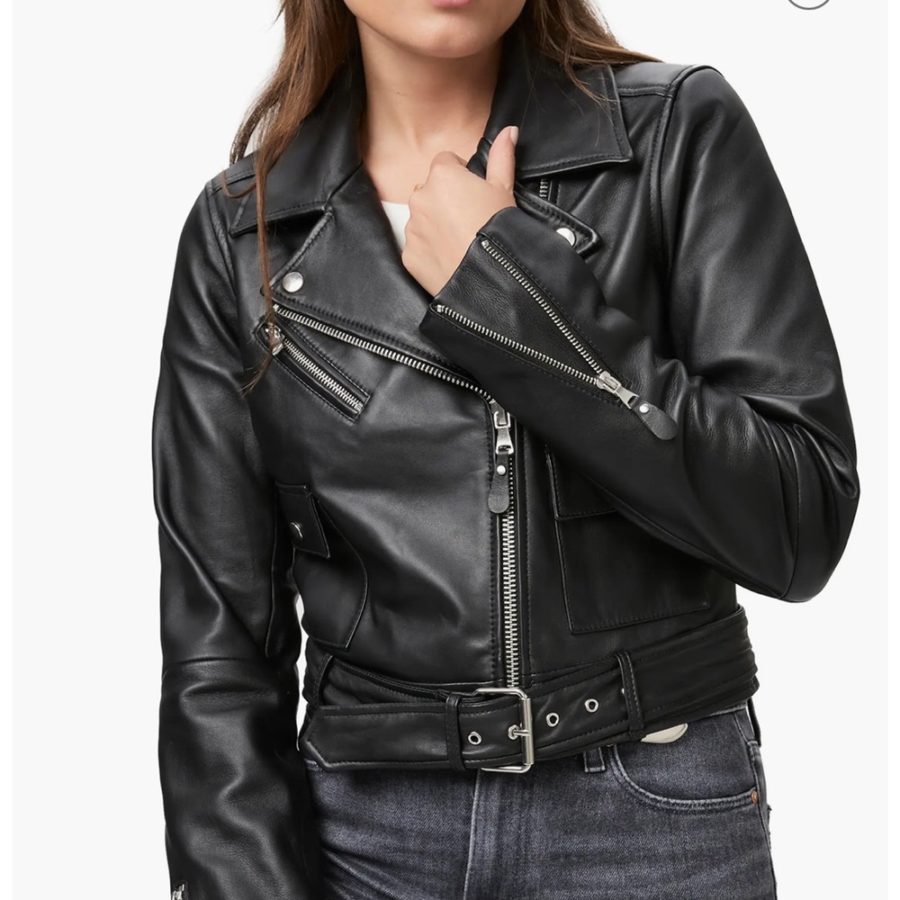 New PAIGE Demetra Leather Moto Jacket Black Size Small genuine leather